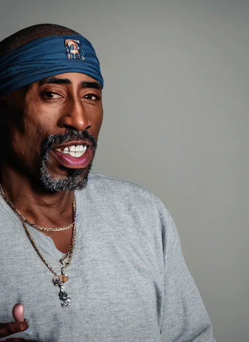 Image similar to dslr photo portrait still of 5 0 year old age 5 0 tupac at age 5 0!!!, 8 5 mm f 1. 8