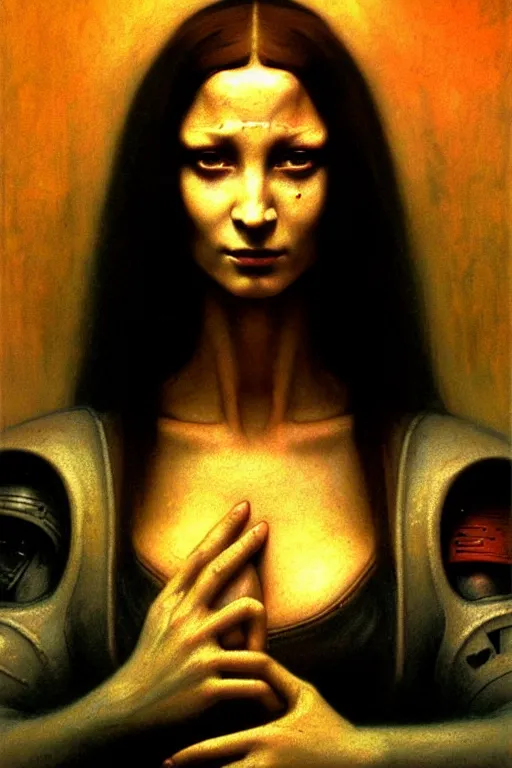 Image similar to character portrait cyberpunk starcraft terran warhammer 4 0 k space marine tech priest warrior princess ( ( ( ( ( ( ( ( totally definitely not negative no not mona lisa inspired ) ) ) ) ) ) ), beksinski character design, painting by gaston bussiere, katsuya terada, frank frazetta, tom of finland, trending on artstation