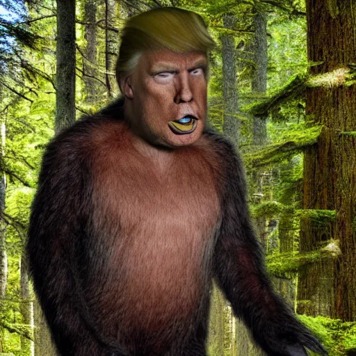 Image similar to donald trump as bigfoot, cryptozoology photograph, forest, setting,