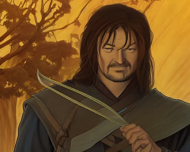 Prompt: portrait of boromir in lord of the rings, natural lighting, path traced, highly detailed, high quality, cartoon, digital painting, by don bluth and ross tran and studio ghibli and alphonse mucha