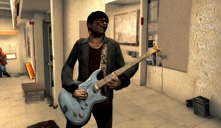 Image similar to steve albini npc carrying a guitar in left 4 dead 2, source engine, gameplay screenshot