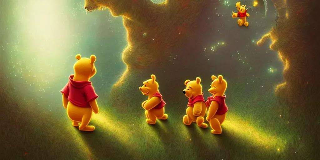 Prompt: winnie the pooh, laser beams, detailed intricate illustration, detailed illustration, hd, 4 k, digital art, overdetailed art, by greg rutkowski, by loish, complementing colors, trending on artstation, deviantart