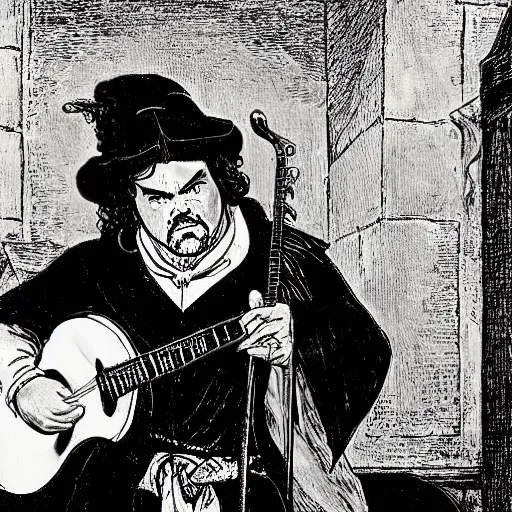 Image similar to D&D character portrait jack black as bard in a tavern playing a song but bad designed by Edwin Austin Abbey painted by john romita jr.