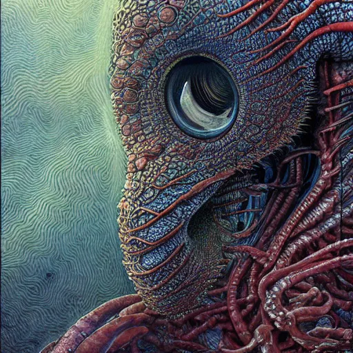 Prompt: hyper realistic portrait of a non - human predatory alien. an award winning yoshitaka amano digital art poster, by james gurney and gerhard richter. art by takato yamamoto. masterpiece, rich colours.