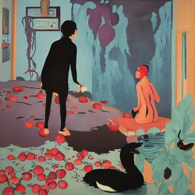 Image similar to tall emo artist in her flooded apartment, painting of flood waters inside an artist's home, a river flooding indoors, pomegranates, pigs, ikebana, zen, water, octopus, river, rapids, waterfall, black swans, canoe, berries, acrylic on canvas, surrealist, by magritte and monet