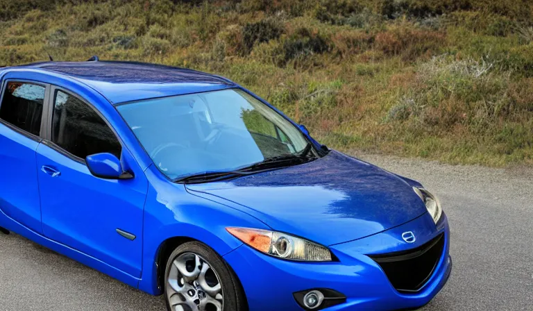 Image similar to blue Gen 1 Mazda Mazdaspeed 3 2008 parked in front of mountain twilight beautiful photo