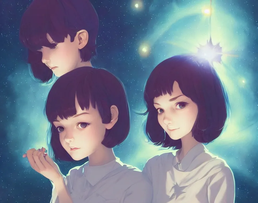 Image similar to cute impoverished college stoner woman studies pulsar stars. short silky hair, velvet, film, occlusion, shadow, specular reflection, rim light, artstation, pinterest, art by range murata and ilya kuvshinov, intricate highly detailed 8 k illustration, surreal