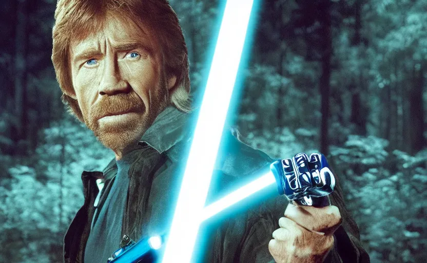 Image similar to chuck norris as a jedi with a blue lightsaber in an ancient bioluminescent forest, perfect symmetrical face, full moon, moody lighting, 8 k, shallow depth of field, intricate detail,