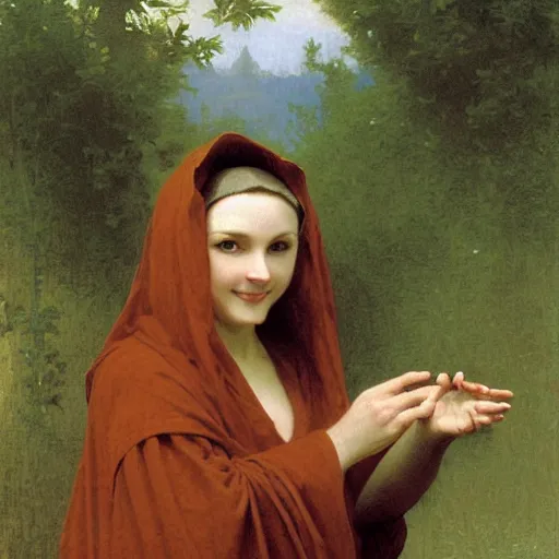 Image similar to An anthropomorphic fox in a brown robe, by bouguereau