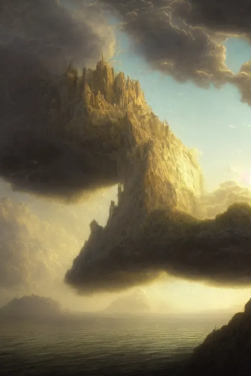 Prompt: a beautiful hyper realistic detailed matte painting of an island floating in the sky, flying castle tower, vivid color hues, looks like creativity by john howe, greg rutkowski, gustave dore, ferdinand knab, lush sky above a desolate apocalyptic plain, barometric projection, rectilinear, octane render, ellen jewett, beautiful surreal palatial pulsar at dawn