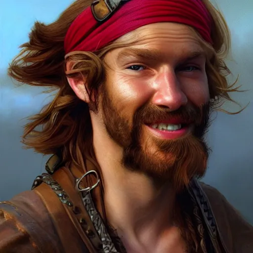 Image similar to portrait of a young rugged pirate, closed-lip!!!! smiling, male, masculine, handsome, upper body, red hair, long hair, D&D, fantasy, intricate, elegant, highly detailed, digital painting, artstation, concept art, sensual, matte, sharp focus, illustration, art by Artgerm and Greg Rutkowski and Alphonse Mucha