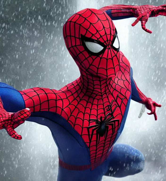 Image similar to cinematic of tobey maguire as spiderman, dramatic rain, 8 k