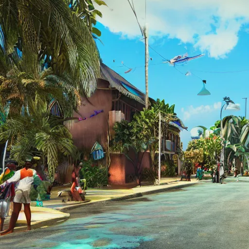 Image similar to A photo of a Solarpunk West Indian, Caribbean City, photorealistic, 4K