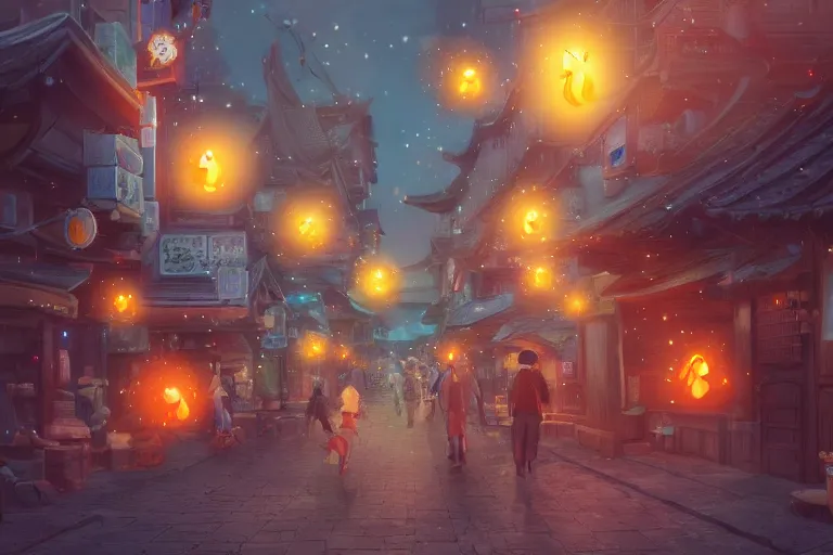 Image similar to fantasy art of glowing goldfish swimming in the air, in the streets of a japanese town at night, with people watching in wonder, by makoto shinkai, highly detailed digital art, trending on artstation