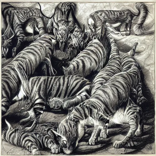 Image similar to “ bernie wrightson ” feline anatomical drawing veterinary herd of cats meadow 1 0 2 4 x 1 0 2 4