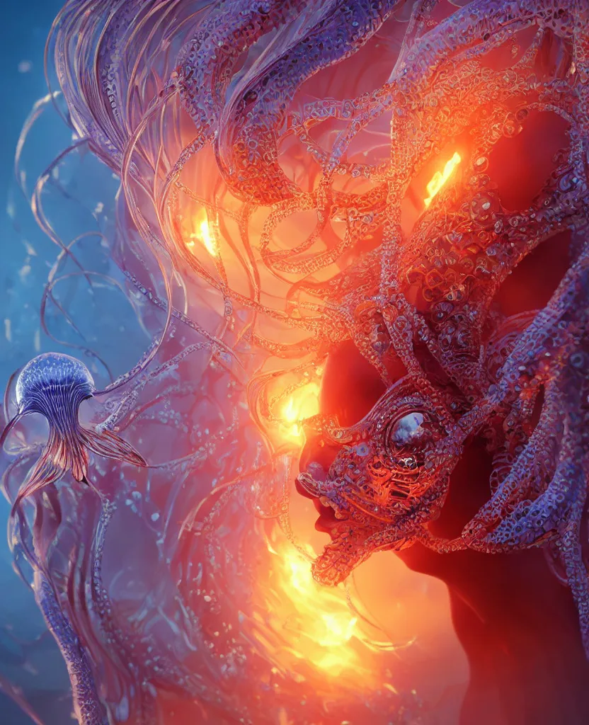 Image similar to close-up macro portrait of the face of a beautiful princess, epic angle and pose, symmetrical artwork, 3d with depth of field, blurred background, cybernetic jellyfish female face skull phoenix bird, translucent, nautilus, energy flows of water and fire. a highly detailed epic cinematic concept art CG render. made in Maya, Blender and Photoshop, octane render, excellent composition, cinematic dystopian brutalist atmosphere, dynamic dramatic cinematic lighting, aesthetic, very inspirational, arthouse. y Greg Rutkowski, Ilya Kuvshinov, WLOP, Stanley Artgerm Lau, Ruan Jia and Fenghua Zhong