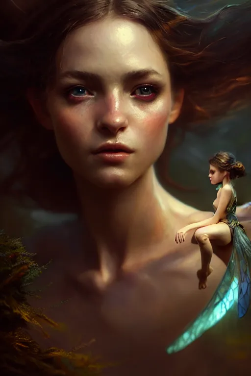 Image similar to cinematic shot of an epic portrait of a fairy dressed in military clothes, shiny skin, beautiful eyes, beautiful, small details, night setting, realistic poster with volumetric light from craig mallism, artgerm, jeremy lipkin and michael garmash, unreal engine, radiant light, detailed and complex environment, digital art, trends at art station, a masterpiece