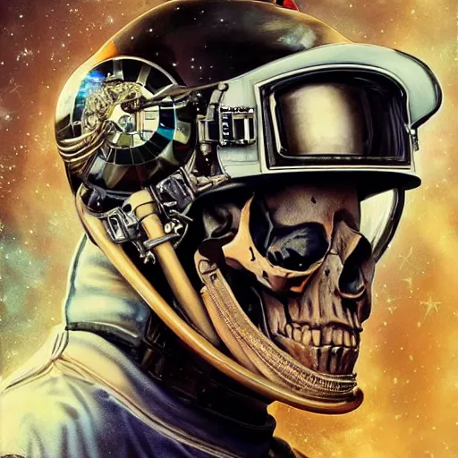 Prompt: a portrait of skull in an astronaut helmet by sandra chevrier, detailed render, epic composition, cybernetics, 4 k realistic, cryengine, realistic shaded lighting, sharp focus, masterpiece, by matteo scalera, gary montalbano, peter elson in the style of the tokyo ghost comic