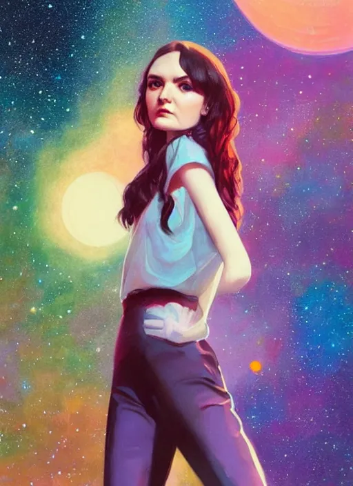 Image similar to full - length portrait of lauren mayberry, standing in front of a colorful starry galaxy, detailed face, fantasy, cinematic lighting, digital art painting, fine details by realistic shaded lighting poster by ilya kuvshinov katsuhiro otomo, magali villeneuve, artgerm, jeremy lipkin and michael garmash and rob rey