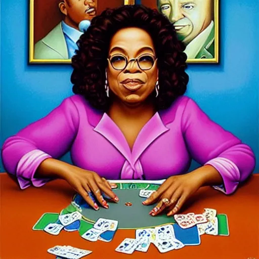 Prompt: a portrait of a oprah playing poker, by vladimir kush and casey weldon
