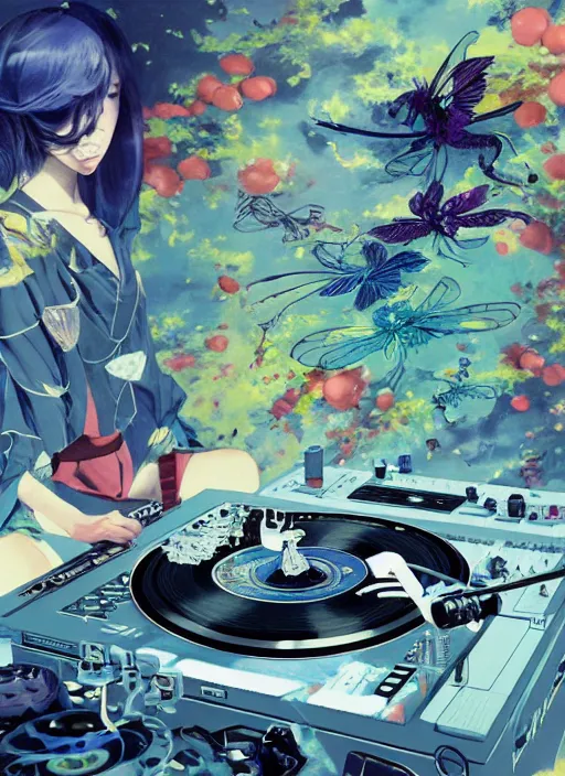 Image similar to surreal gouache painting, by yoshitaka amano, by ruan jia, by Conrad roset, by good smile company, detailed anime 3d render of chemical magical flying Vinyl records close to the DJ Mixer, deck surrounded by chemical magical Dragonflies, Vinyl records, controller, portrait, cgsociety, artstation, rococo mechanical and Digital and electronic, dieselpunk atmosphere