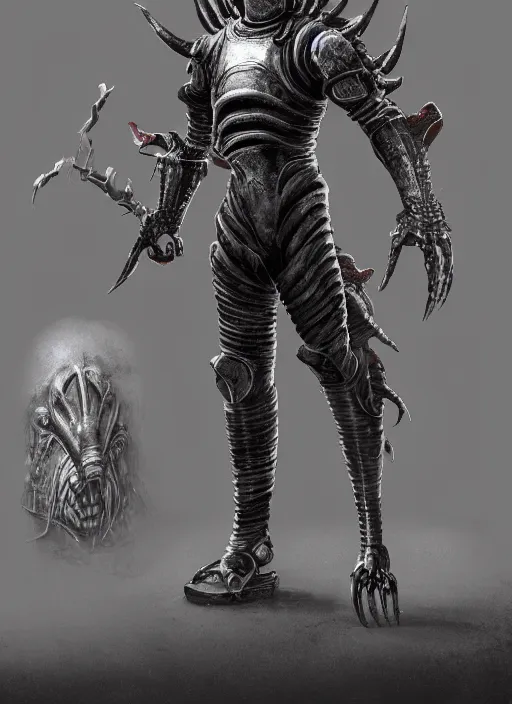 Image similar to a computer generated image of a man in armor, concept art by senior character artist, featured on polycount, antipodeans, sketchfab, unreal engine 5, artstation hd. hr giger, greg rutkowski and wayne barlowe as a diablo, resident evil, dark souls, bloodborne monster