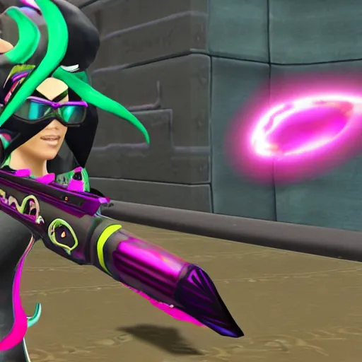 Image similar to 3 d game screenshot of bayonetta in splatoon, high detail, high resolution