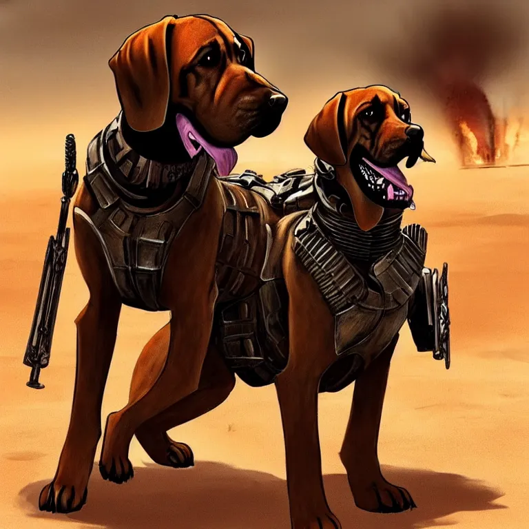 Image similar to a good ol'floppy - eared bloodhound pup fursona ( from the furry fandom ), heavily armed and armored facing down armageddon in a dark and gritty version from the makers of mad max : fury road. witness me.