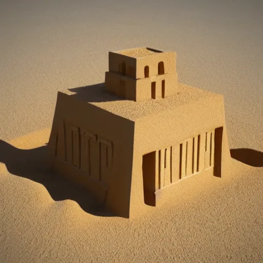 Prompt: desert temple in sand with cube