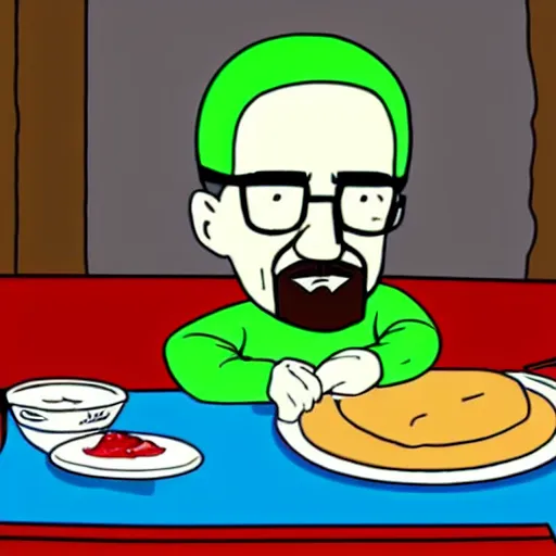 Image similar to baby Walter White doing breakfast, cartoon style,