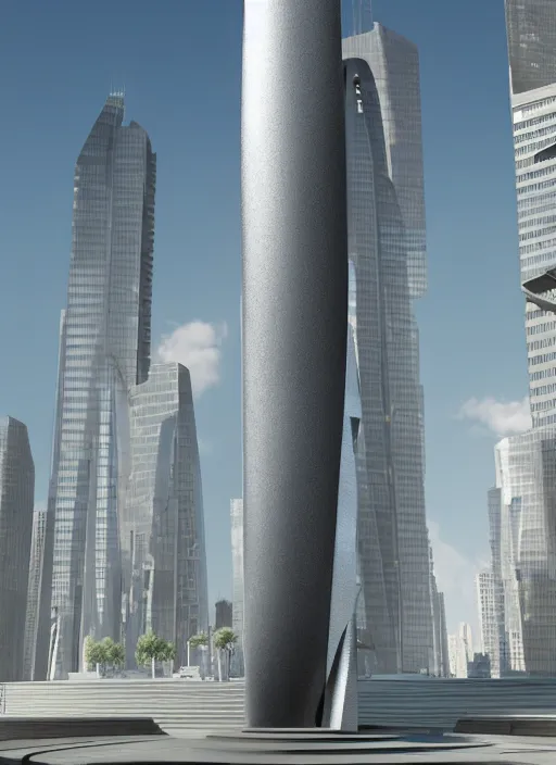 Image similar to highly detailed architecture render of a huge high futuristic metallic stele sculpture in zaha hadid style standing in city park, archdaily, made in unreal engine 4