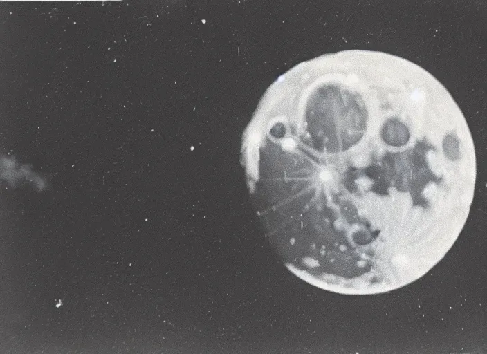 Image similar to vintage photo still of the moon!!!! exploding!!!! exploding moon moon explosion fragments on one side moon rupture moon exploding moon explosion over new york city in the 1 9 2 0 s, black and white, weathered, edge vignette, explosion in the sky, moon exploding