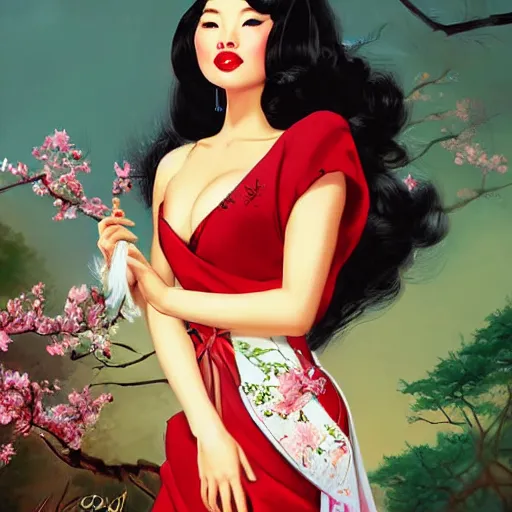 Image similar to pin - up portrait of a beautiful young mulan, pretty long hair, traditional dress, cherry blossoms, intense flirting, showing curves, symmetrical face, digital art, smooth, extremely detailed, model pose, by wu bayard, by gil elvgren, by ralph horsley, by hanks steve