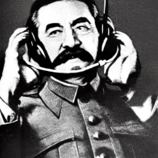 Image similar to Old photograph of Stalin angrily playing Call of Duty, shouting into the headset