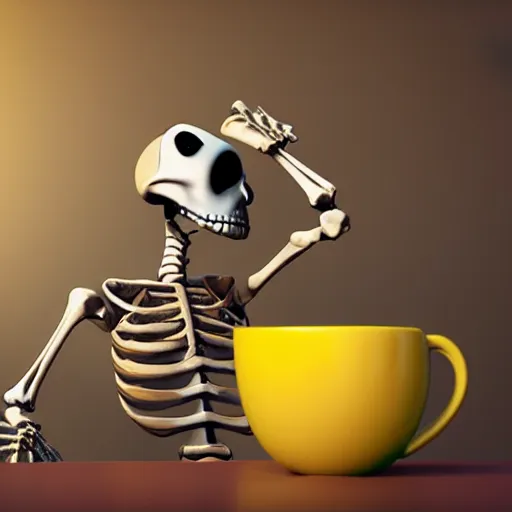 Image similar to 3d render pixar cartoon skeleton drinking a cup of coffee hd octane render