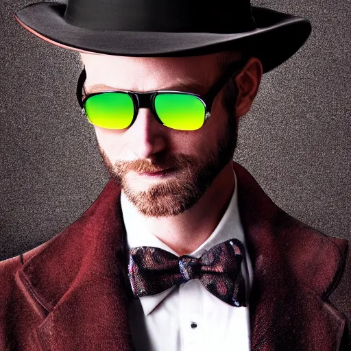 Prompt: film still, extreme long shot, of an enigmatic mysterious man, making the best smug smile, face unseen by wearing a luxury designer fedora and chopard sunglasses, expensive outfit, elegant, casual, intricate, symmetrical, realistic, possessed by a demon, rich moody colors, by annie leibovitz, nikon d 8 5 0 camera, photoshopped