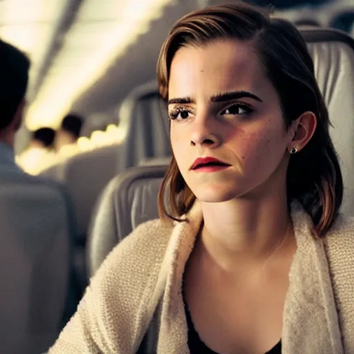 Image similar to emma watson, inside airplane, film still, low contrast,