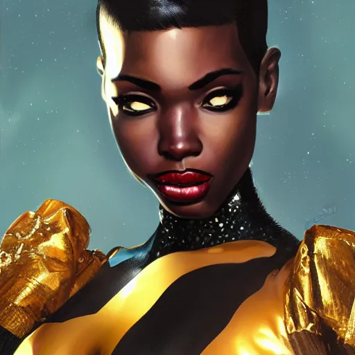Prompt: portrait of a young athletic figure, black super hero woman with dark very short hair, velvet with metallic body suit, full body shot, highly detailed and rendered gold and diamonds in the background, digital art, super intricate, sharp focus, big eyes, trending on artstation, by brom, artgerm, face by otto schmidt