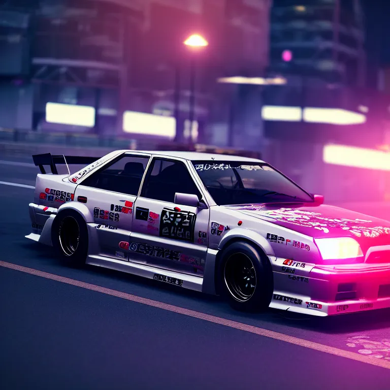 Image similar to toyota jzx 1 0 0 drift, detailed - wheels, shibuya prefecture, cyberpunk female supermodel in front, cinematic lighting, photorealistic, night photography, octane render