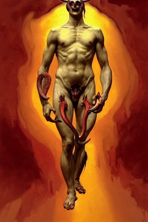 Image similar to portrait of a beautiful young fit male demon with ram horns, scaly torso and goat legs, hellish scene, by greg rutkowski and alphonse mucha, d & d character, gradient red to yellow, in front of an hellish landscape background, highly detailed portrait, digital painting, artstation, concept art, smooth, sharp focus ilustration, artstation hq