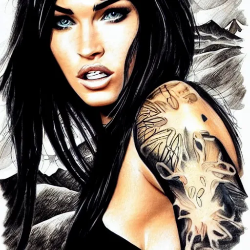 Image similar to tattoo design sketch of megan fox mash up effect with beautiful mountain scenery, in the style of matteo pasqualin, amazing detail