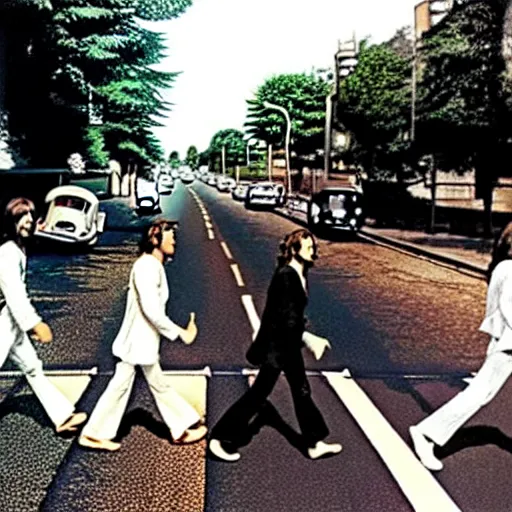 Image similar to The Beatles running across Abbey Road, 1969