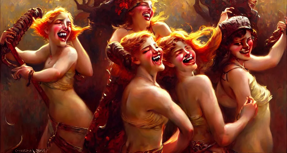 Image similar to demon girls laughing, digital painting by gaston bussiere and craig mullins and j. c leyendecker, photorealistic, ultra detailed, 8 k
