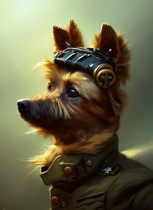 Image similar to norwich terrier as an soldier, backround dark, highly detailed, digital illustration, trending in artstation, modern painting, smooth, sharp focus, intricate, by peter mohrbacher