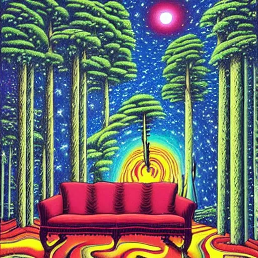 Image similar to psychedelic trippy couch pine forest, planets, milky way, sofa, cartoon by rob gonsalves