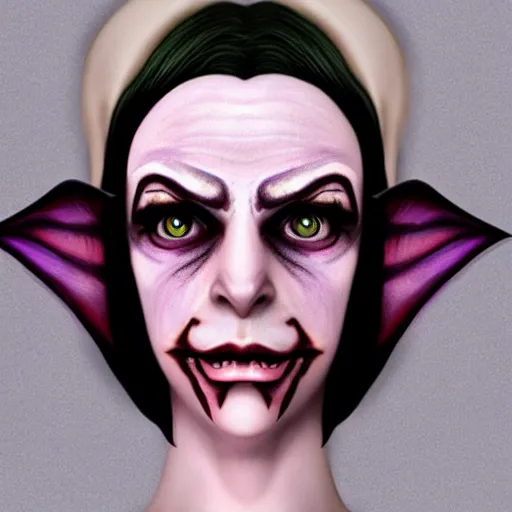 Image similar to a frightening, beautiful elf with violet skin, a scarred face, a bob haircut, and bushy eyebrows, smirking, in the style of jason edmiston