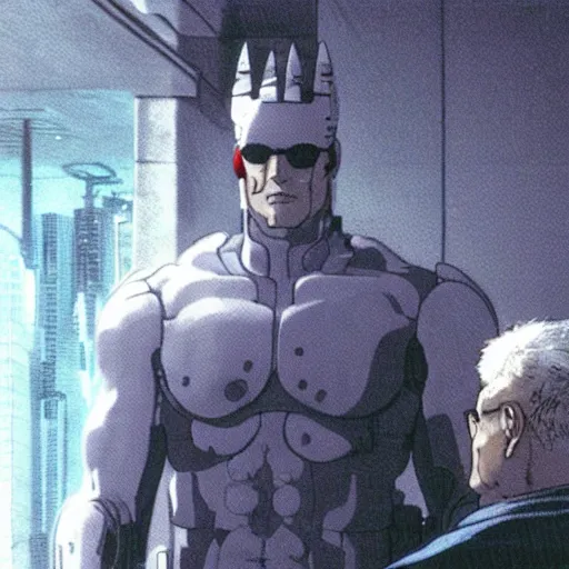 Prompt: Batou looking at camera in the style Ghost in the shell. Moebius, cyberpunk, masterpiece