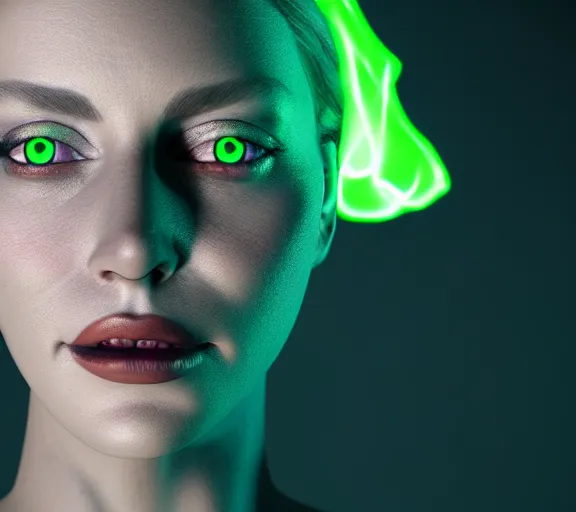 Image similar to portrait of a woman with horns made of flames and glowing green eyes, in the wisps of thick smoke, looking into the camera, studio photography, studio lighting, realistic render, octane render, 4 k, 8 k, face in focus