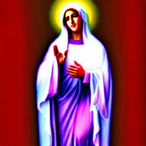 Image similar to vhs static overlay of virgin mary, vhs, 1 9 9 0, highly realistic, highly detailed