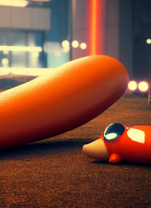 Image similar to plastic cat looking like a hotdog, photorealism, canon r 3, symmetry, octane render, unreal engine, dramatic lights, professional studio photo